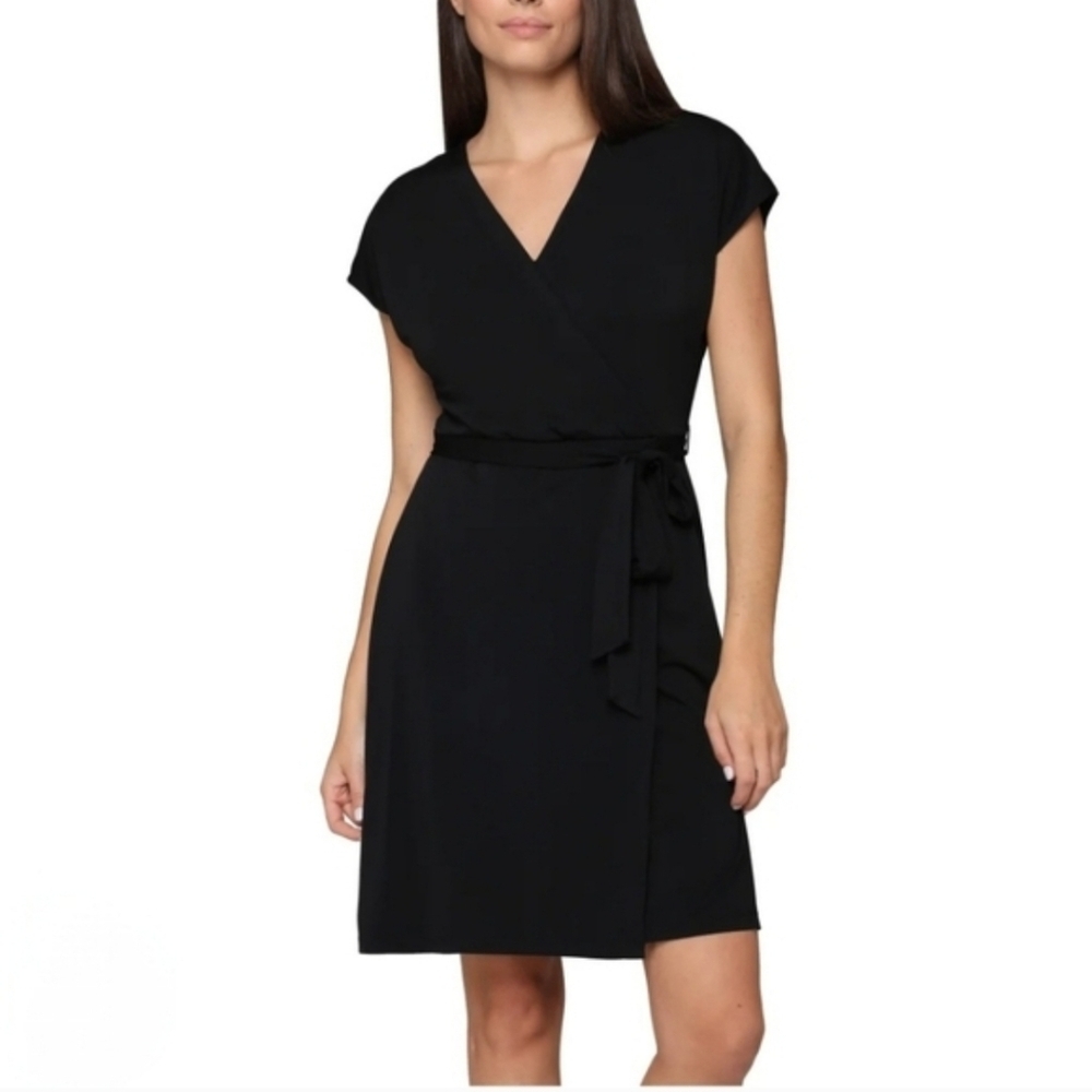 Nicole Miller Short Sleeved Dress Faux Wrap Women's Size Small Black Tie Waist